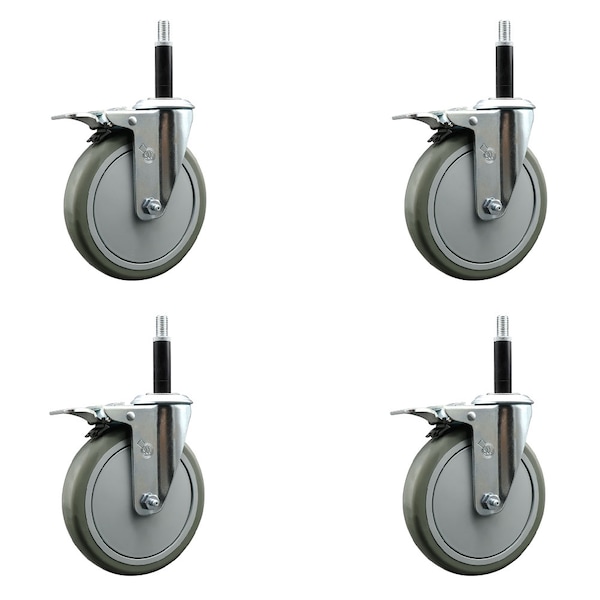 6'' Gray Poly Swivel 3/4'' Expanding Stem Caster Set Total Lock Brake, 4PK